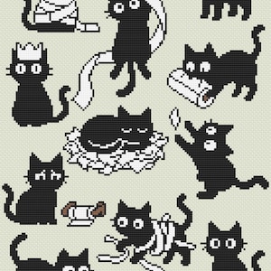 May include: A repeating pattern of black cats in various poses, including one wrapped in bandages and another wearing a crown. Some cats interact with toilet paper rolls. The background is a light beige color.