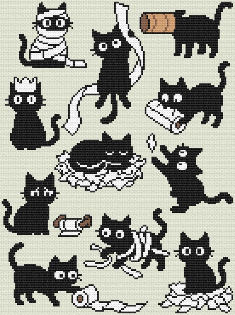 May include: A repeating pattern of black cats in various poses, including one wrapped in bandages and another wearing a crown. Some cats interact with toilet paper rolls. The background is a light beige color.