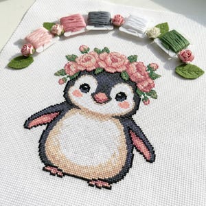 Floral Penguin Cross Stitch Pattern PDF | Cute Animal with Flower Crown Chart | Pink Rose Nursery Decor | DIY Gift| Instant Download