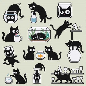 May include: A collection of black cat illustrations in a pixelated style. The cats are depicted in various playful scenarios, interacting with fishbowls, vases, and other objects. The background is a light beige color.