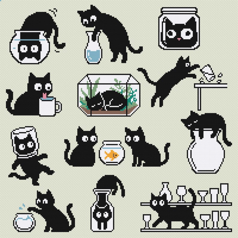 May include: A collection of black cat illustrations in a pixelated style. The cats are depicted in various playful scenarios, interacting with fishbowls, vases, and other objects. The background is a light beige color.