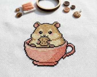 Cute Teacup Hamster Cross Stitch Pattern | Hoop Embroidery | PDF | Instant Download | Commercial Use | Cross Stitch Chart