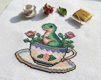 Cute Teacup T-Rex TeaRex Cross Stitch Pattern | Hoop Embroidery | PDF | Instant Download | Commercial Use | Cross Stitch Chart