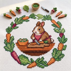 May include: A cross-stitch pattern on white fabric featuring a brown rabbit wearing a pink apron, chopping vegetables on a wooden board. The rabbit is surrounded by a circular wreath of carrots and leafy greens, with miniature toy vegetables nearby.