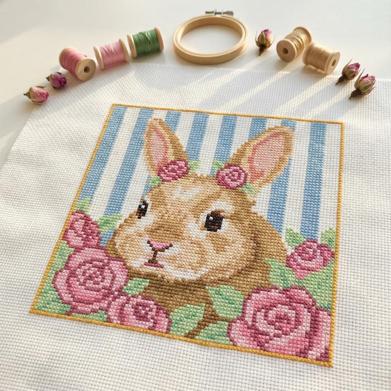 Cute Roses Bunny Cross Stitch Pattern | Hoop Embroidery | PDF | Instant ...