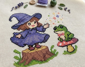 Cute Witch and Frog Cross Stitch Pattern | Hoop Embroidery | PDF | Instant Download | Commercial Use | Cross Stitch Chart