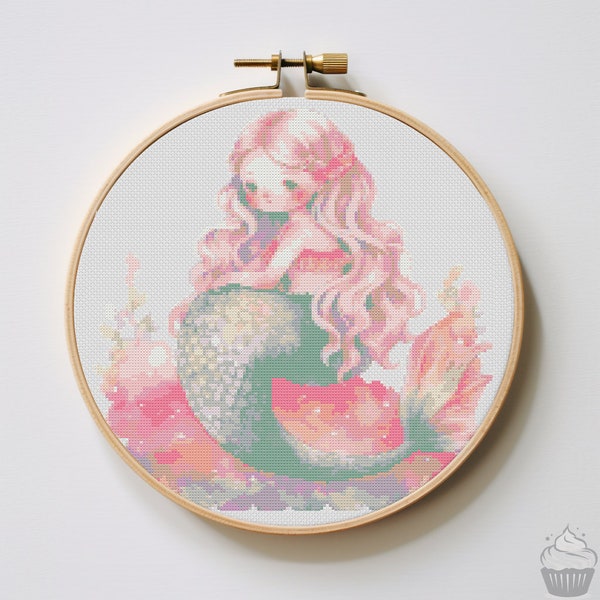 Cute Mermaid Cross Stitch Pattern | Hoop Embroidery | PDF | Instant Download | Commercial Use | Cross Stitch Chart