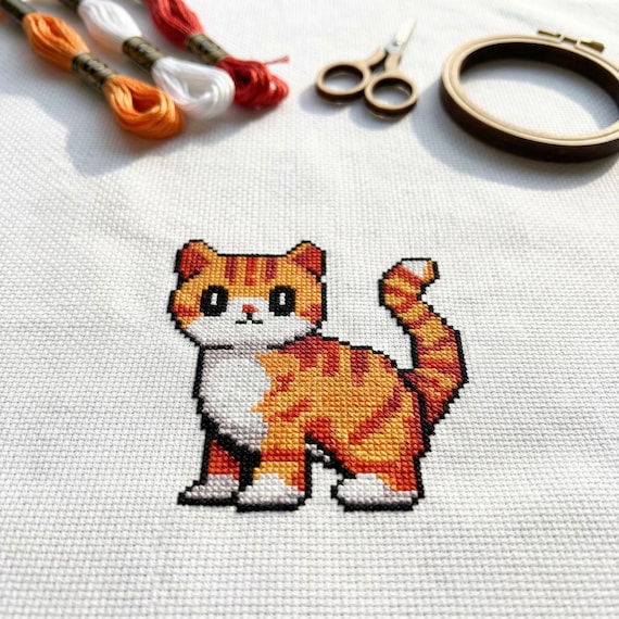 チロスケ✨️様】ハンドメイドオーダー★猫&ハムスター★エコバッグ&縦長バッグ2点 Cute Orange Cat Cross Stitch Pattern | Hoop Embroidery | PDF