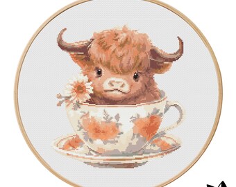 Highland Cow in a Teacup Cross Stitch Pattern | Hoop Embroidery | PDF | Instant Download | Commercial Use | Cross Stitch Chart