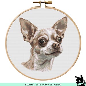 May include: Cross stitch pattern of a brown and white chihuahua with large ears and brown eyes. The chihuahua is looking to the right of the image.