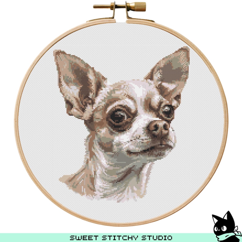 May include: Cross stitch pattern of a brown and white chihuahua with large ears and brown eyes. The chihuahua is looking to the right of the image.