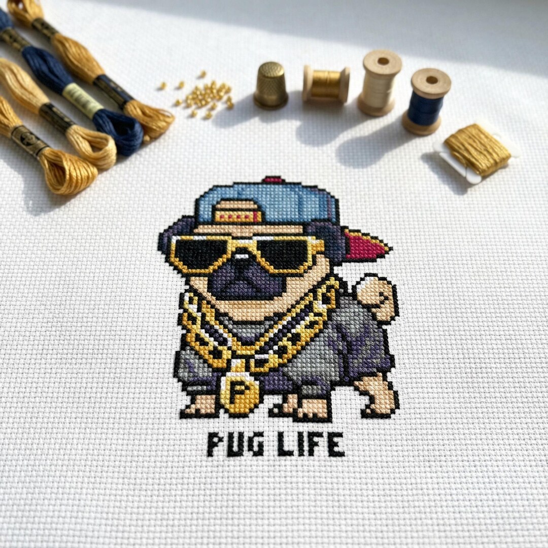 Pug Rapper Cute Rapper Pug Life Cross Stitch Pattern | Hoop Embroidery | PDF ...