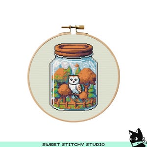 Cute Autumn Jar Owl Forest Cross Stitch Pattern | Hoop Embroidery | PDF | Instant Download | Commercial Use | Cross Stitch Chart