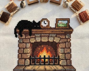 Cute Cozy Fireplace Black Cat Cross Stitch Pattern | Hoop Embroidery | PDF | Instant Download | Commercial Use | Cross Stitch Chart