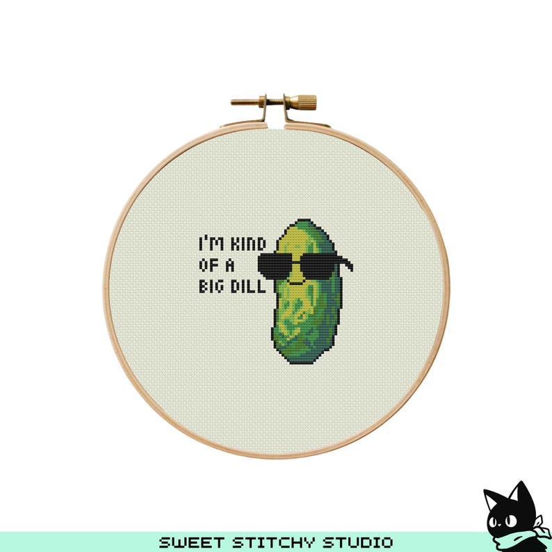 May include: A cross-stitch pattern featuring a green pickle wearing sunglasses with the text "I'm kind of a big dill".