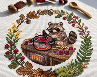 Raccoon Making Jam Cross Stitch Pattern | Cottagecore Forest Animal Embroidery | Berry Canning Fall Wall Decor | PDF Digital Download | DIY