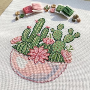 Cactus and Succulent Bowl Cross Stitch Pattern PDF | Botanical Garden Embroidery Chart | Pink Pot Cacti | Modern Plant Decor | DIY Gift