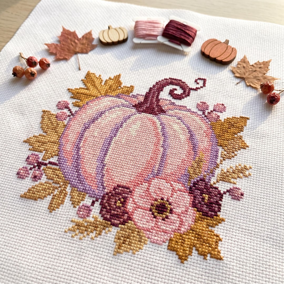 Pink Pumpkin Cross Stitch Pattern PDF | Shabby Chic Autumn Floral Chart ...