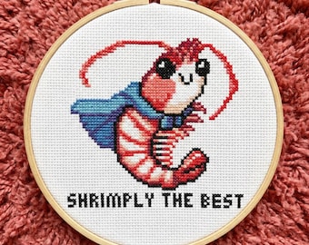 Cute Shrimp Shrimply The Best Cross Stitch Pattern | Hoop Embroidery | PDF | Instant Download | Commercial Use | Cross Stitch Chart