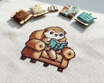 Cute Otter Reading a Book Cross Stitch Pattern | Hoop Embroidery | PDF | Instant Download | Commercial Use | Cross Stitch Chart