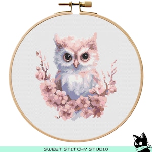 Pink Floral Owl Cross Stitch Pattern | Hoop Embroidery | PDF | Instant Download | Commercial Use | Cross Stitch Chart