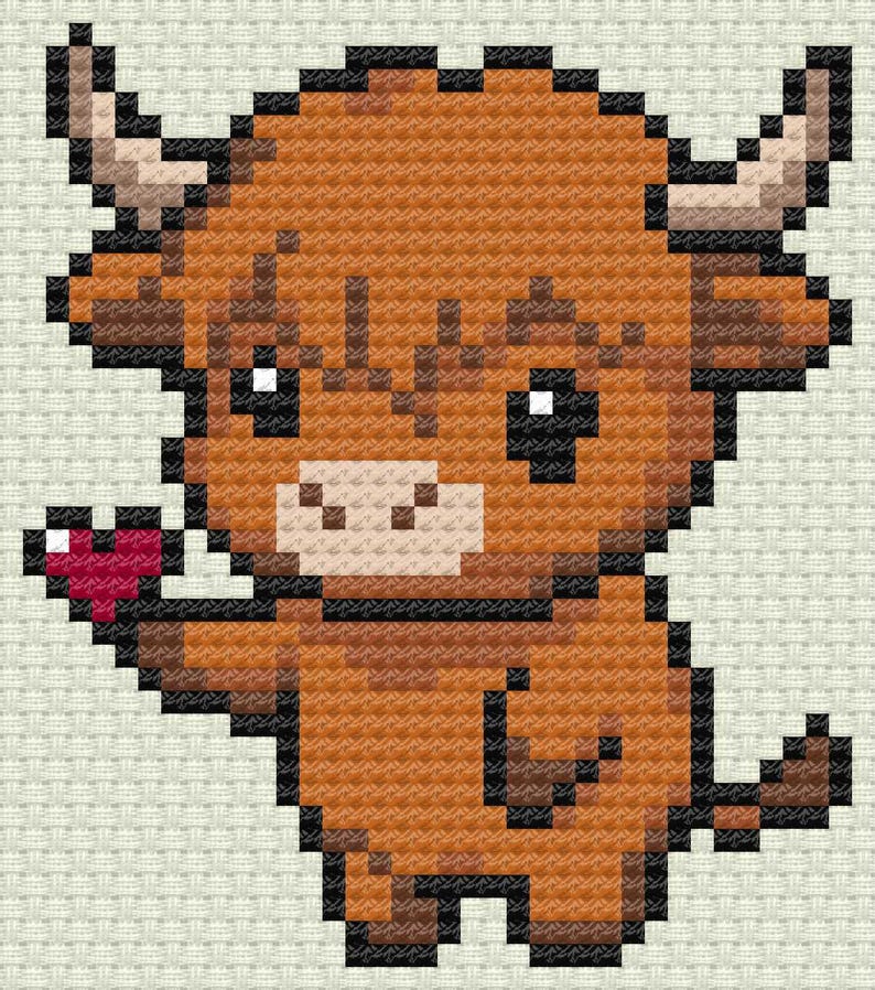 Puede incluir: Dise&ntilde;o de punto de cruz pixelado de una vaca de las Tierras Altas sosteniendo un coraz&oacute;n rojo. La vaca es principalmente marr&oacute;n con detalles negros, ojos blancos y peque&ntilde;os cuernos. El fondo es de color beige claro.