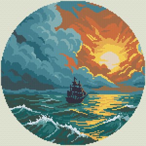 May include: A pixelated circular image of a ship sailing on a stormy sea at sunset. The sky is filled with dark blue and orange clouds, and the sun is setting over the horizon. The waves are white and teal.