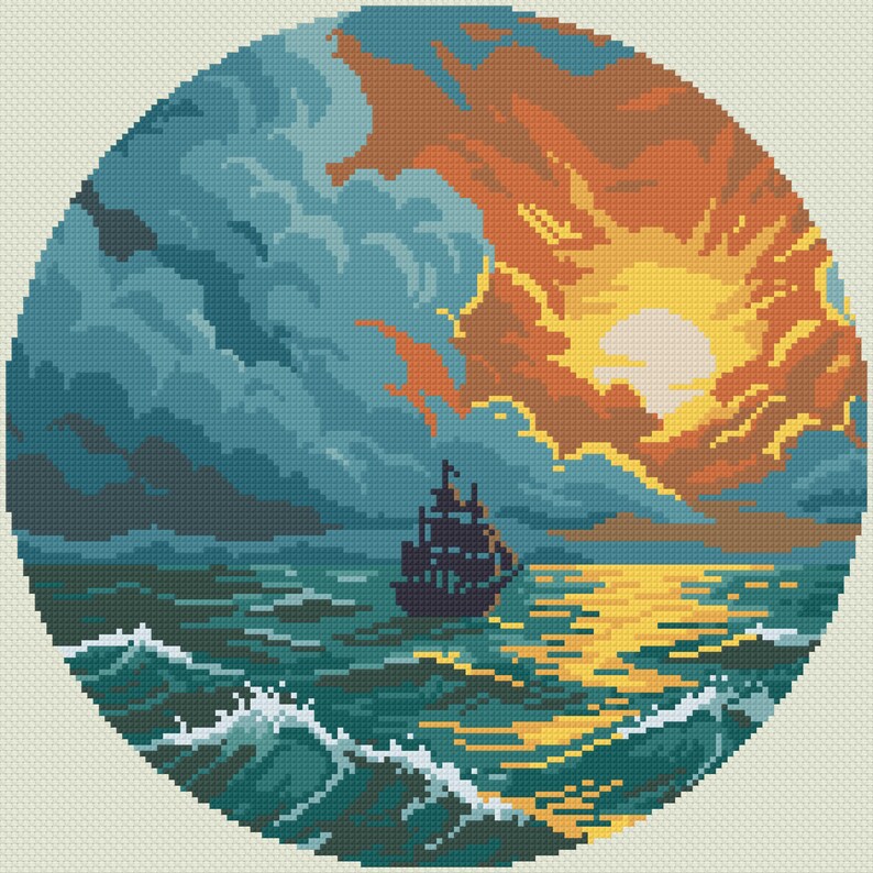 May include: A pixelated circular image of a ship sailing on a stormy sea at sunset. The sky is filled with dark blue and orange clouds, and the sun is setting over the horizon. The waves are white and teal.