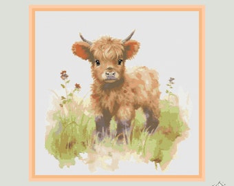Cute Baby Highland Cow Cross Stitch Pattern | Hoop Embroidery | PDF | Instant Download | Commercial Use | Cross Stitch Chart