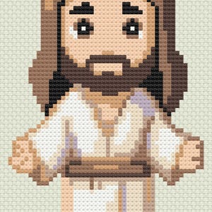 Puede incluir: Una ilustraci&oacute;n pixelada de Jes&uacute;s con barba marr&oacute;n y pelo largo marr&oacute;n, vistiendo una t&uacute;nica blanca con un cintur&oacute;n marr&oacute;n.