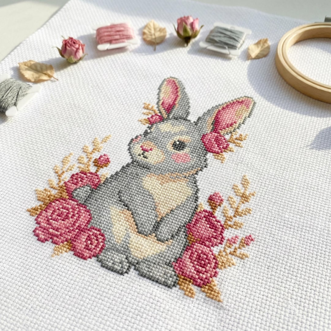 Floral Bunny Cross Stitch Pattern PDF | Gray Rabbit With Pink Roses ...