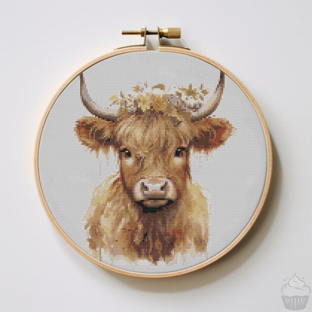 Highland Cow Cross Stitch Pattern Hoop Embroidery PDF Instant Download Commercial Use Cross
