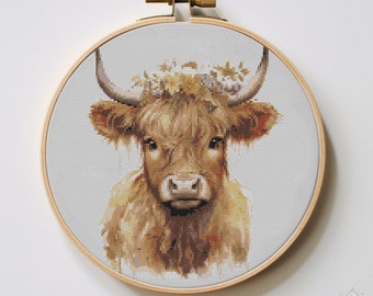 Highland Cow Cross Stitch Pattern | Hoop Embroidery | PDF | Instant Download | Commercial Use | Cross Stitch Chart