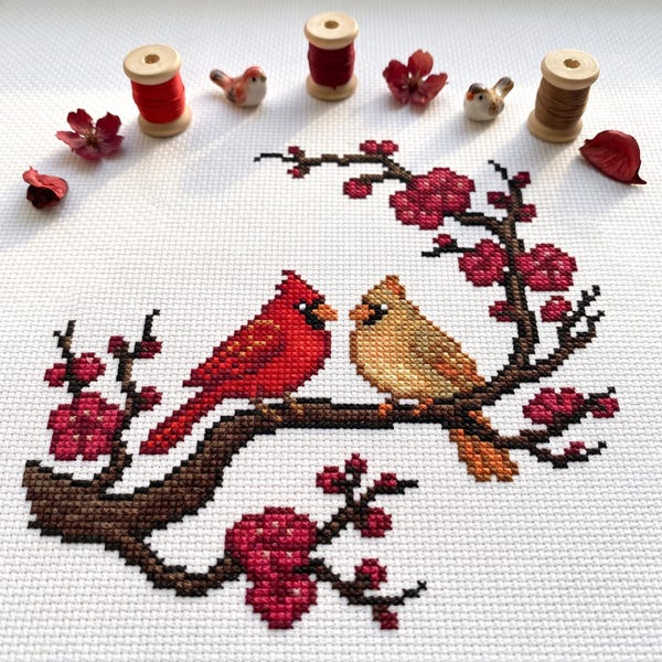 Cardinals Cross Stitch Pattern PDF | Red Bird Cherry Blossom Chart | Aida Fabric Cross Stitch | Cute Wildlife Room Wall Decor DIY Gift Idea