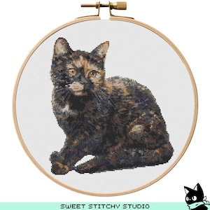 Op de afbeelding: Kruissteekpatroon van een schildpadkat die zit met zijn hoofd naar de zijkant gedraaid. De kat heeft groene ogen en een witte vlek op zijn borst.