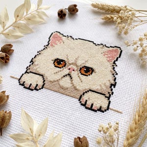 Puede incluir: Un bordado de punto de cruz sobre tela blanca que muestra un gato de color crema con ojos naranjas, orejas rosas y patas apoyadas sobre una línea horizontal. El gato tiene la cara plana y está realizado con puntadas detalladas y contornos negros.