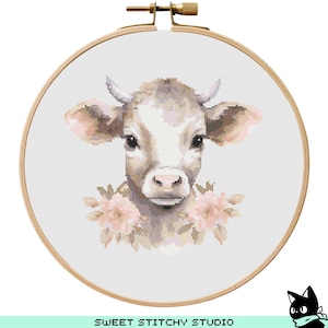 Floral Cow Cross Stitch Pattern | Hoop Embroidery | PDF | Instant Download | Commercial Use | Cross Stitch Chart
