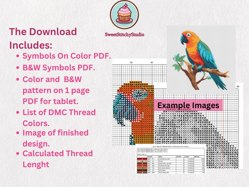 May include: A cross-stitch pattern of a parrot on a branch. The pattern includes a color PDF, a black and white PDF, a color and black and white pattern on one page PDF for tablet, a list of DMC thread colors, an image of the finished design, and a calculated thread length.