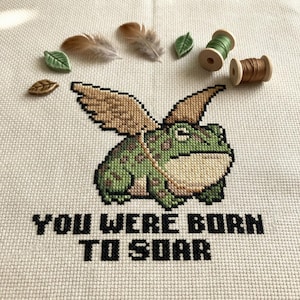 Flying Frog Cross Stitch Pattern | You Were Born To Soar Quote PDF | Green Toady Bird Wings | Motivational Decor | Beginner Craft