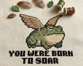 Flying Frog Cross Stitch Pattern | You Were Born To Soar Quote PDF | Green Toady Bird Wings | Motivational Decor | Beginner Craft