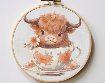 Highland Cow in a Teacup Cross Stitch Pattern | Hoop Embroidery | PDF | Instant Download | Commercial Use | Cross Stitch Chart