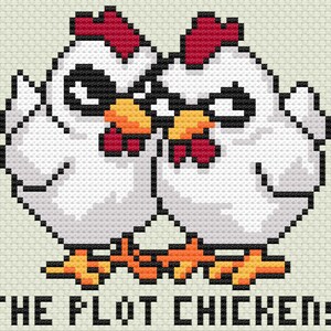 May include: Two white chickens with red combs and angry expressions, facing each other. The text "THE PLOT CHICKENS" is below them.