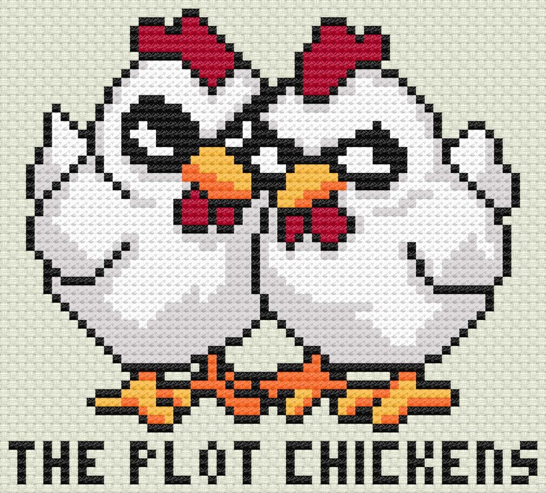 May include: Two white chickens with red combs and angry expressions, facing each other. The text "THE PLOT CHICKENS" is below them.