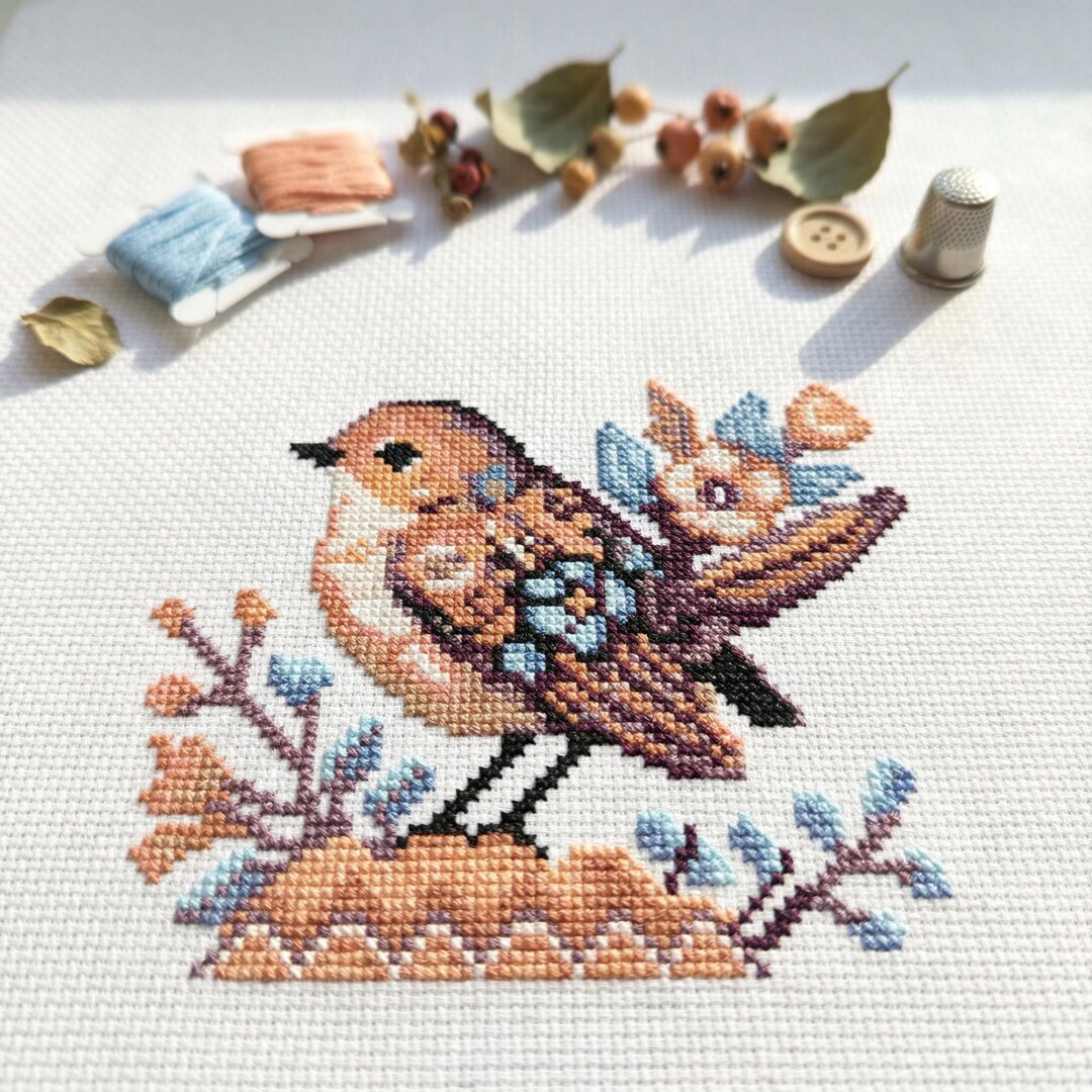 かわいい花柄の鳥のクロスステッチパターン | フープ刺繍 | PDF | すぐ