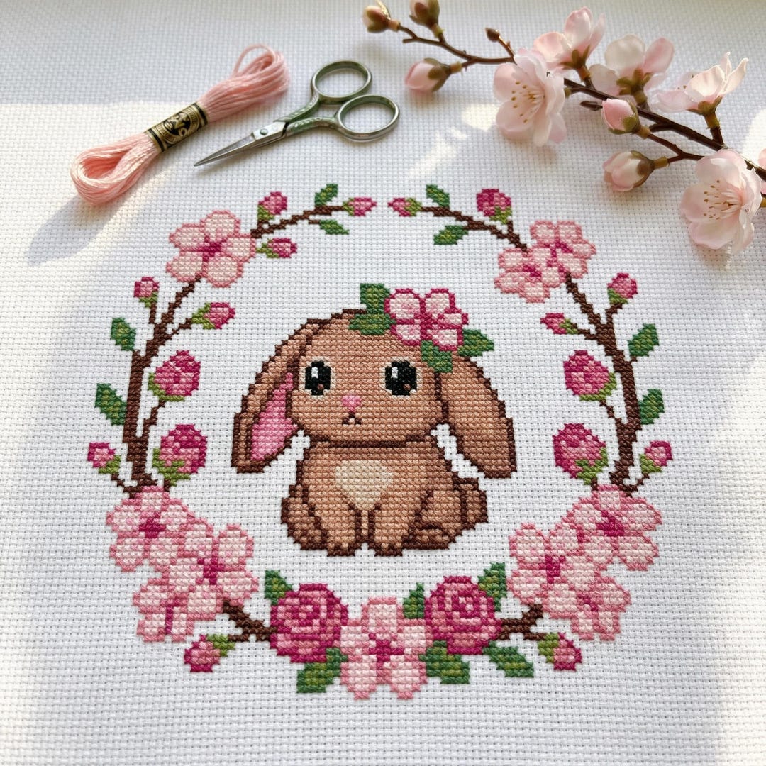 Cute Pink Flowers Bunny Cross Stitch Pattern | Hoop Embroidery | PDF ...