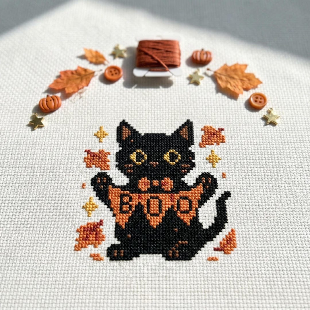 Cute Spooky Black Cat Cross Stitch Pattern | Hoop Embroidery | PDF ...