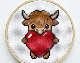Niedliches Highland Kuh Valentinstag Kreuzstich Muster | Stickrahmen-Stickerei PDF | Sofortdownload | Kommerzielle Nutzung | Kreuzstich Stickmuster