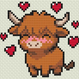 May include: A pixelated image of a Highland cow with a brown body, black outlines, and white horns. The cow has pink cheeks and a pink flower crown. Red pixelated hearts float around the cow, creating a cute and whimsical design.
