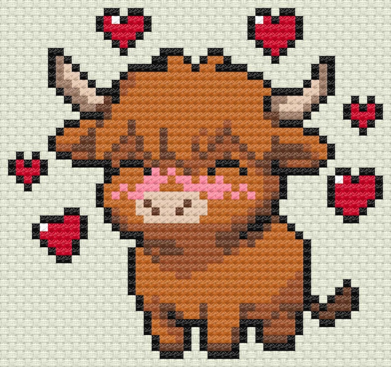 May include: A pixelated image of a Highland cow with a brown body, black outlines, and white horns. The cow has pink cheeks and a pink flower crown. Red pixelated hearts float around the cow, creating a cute and whimsical design.