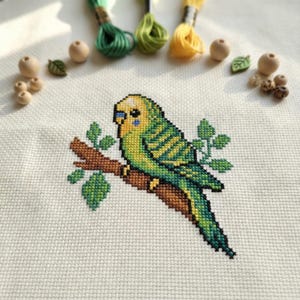 Schattig geel en groen grasparkiet kruissteekpatroon | Borduurring borduurring | PDF | Direct downloaden | Commercieel gebruik | Kruissteektabel